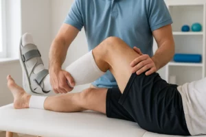 Sessione di fisioterapia riabilitativa post-operatoria su arto inferiore in centro specializzato