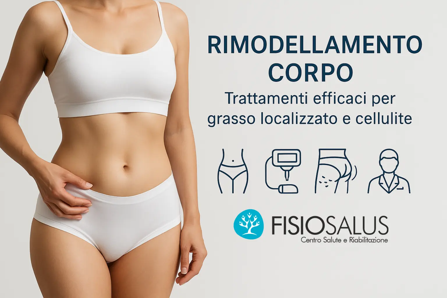 Donna mostra risultati del rimodellamento corpo per ridurre cellulite e adipe localizzato con trattamenti estetici efficaci – Fisiosalus centro specializzato