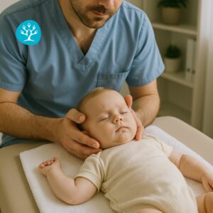 Osteopata pediatrico esegue tecnica cranio-sacrale su neonato nel Centro Fisiosalus