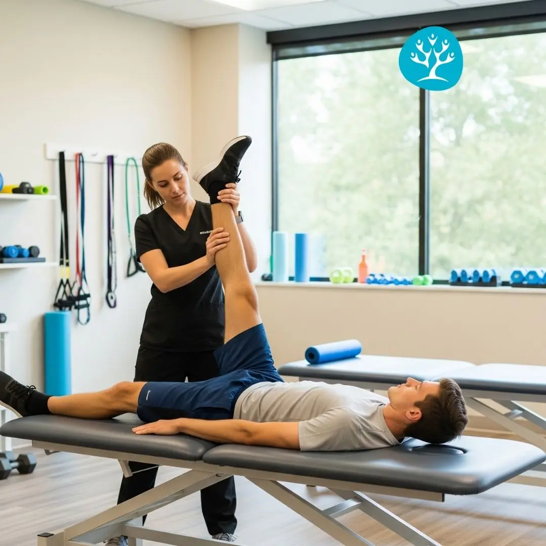 Fisioterapista assiste sportivo amatoriale in esercizi per la prevenzione degli infortuni muscolari