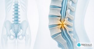 Illustrazione anatomica della colonna lombare con restringimento del canale e logo Fisiosalus