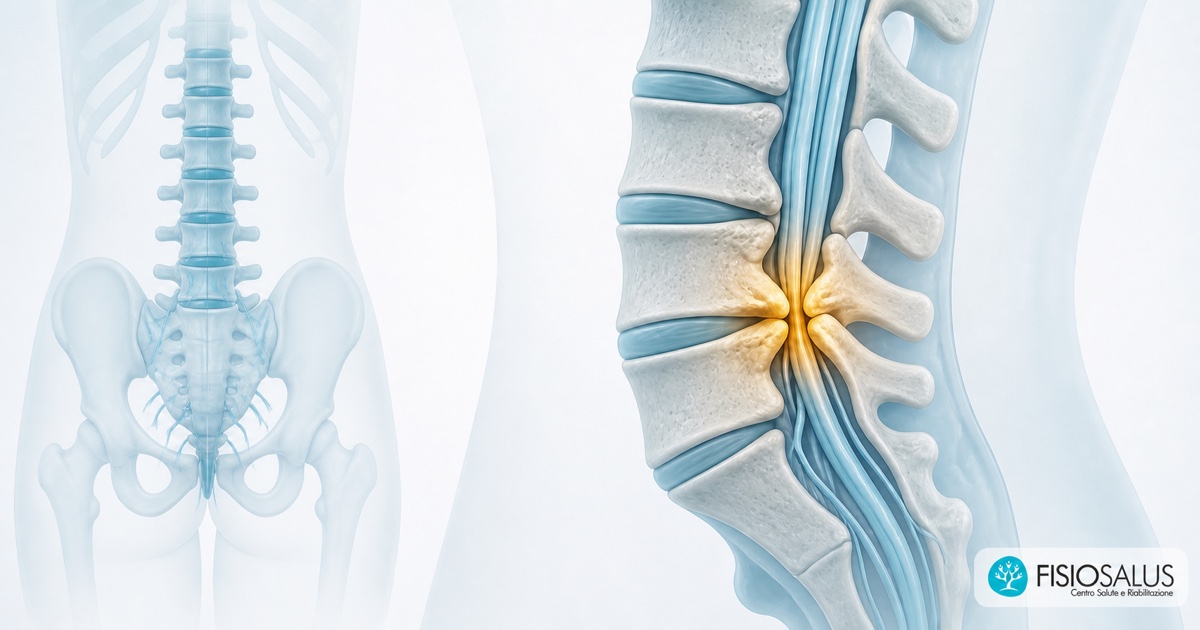 Illustrazione anatomica della colonna lombare con restringimento del canale e logo Fisiosalus