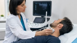 Medico esegue un’ecografia nella regione delle ghiandole salivari a un paziente